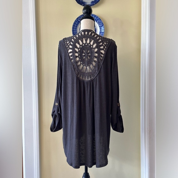 Maurice’s | Dark Gray Ribbed Open Front Boho Cardigan with Crocheted Back Detail - Picture 1 of 8